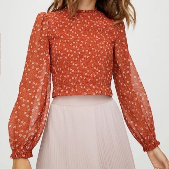 Aritzia Wilfred Lilith Blouse Cropped Smocked Floral Long sleeve Orange Size XS - Picture 3 of 16